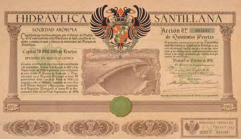 <p><em>Acción de 500 pesetas de Hidráulica Santillana</em></p>